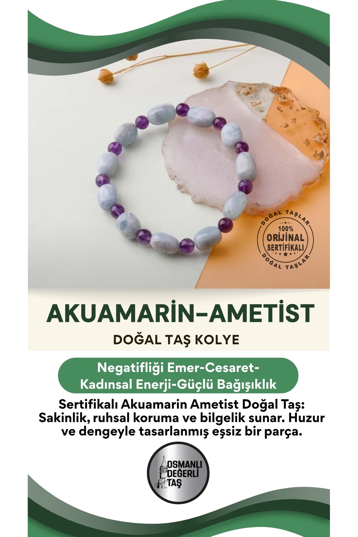 Sertifikalı Özel Tasarım Akuamarin Ametist Doğal Taş Bileklik