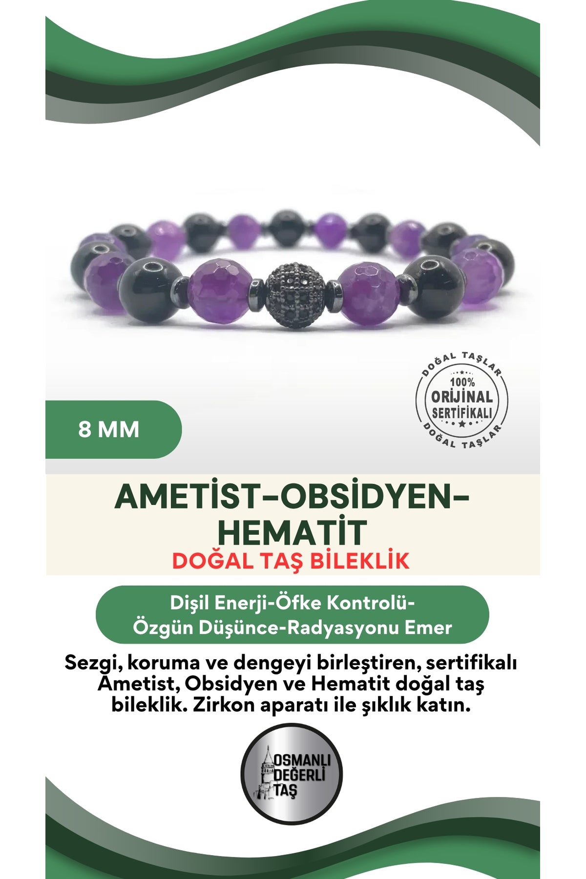 Sertifikalı Hakiki Orijinal 8mm Ametist-Obsidyen–Hematit-Zirkon Aparatlı Doğal Taş Misinalı Bileklik
