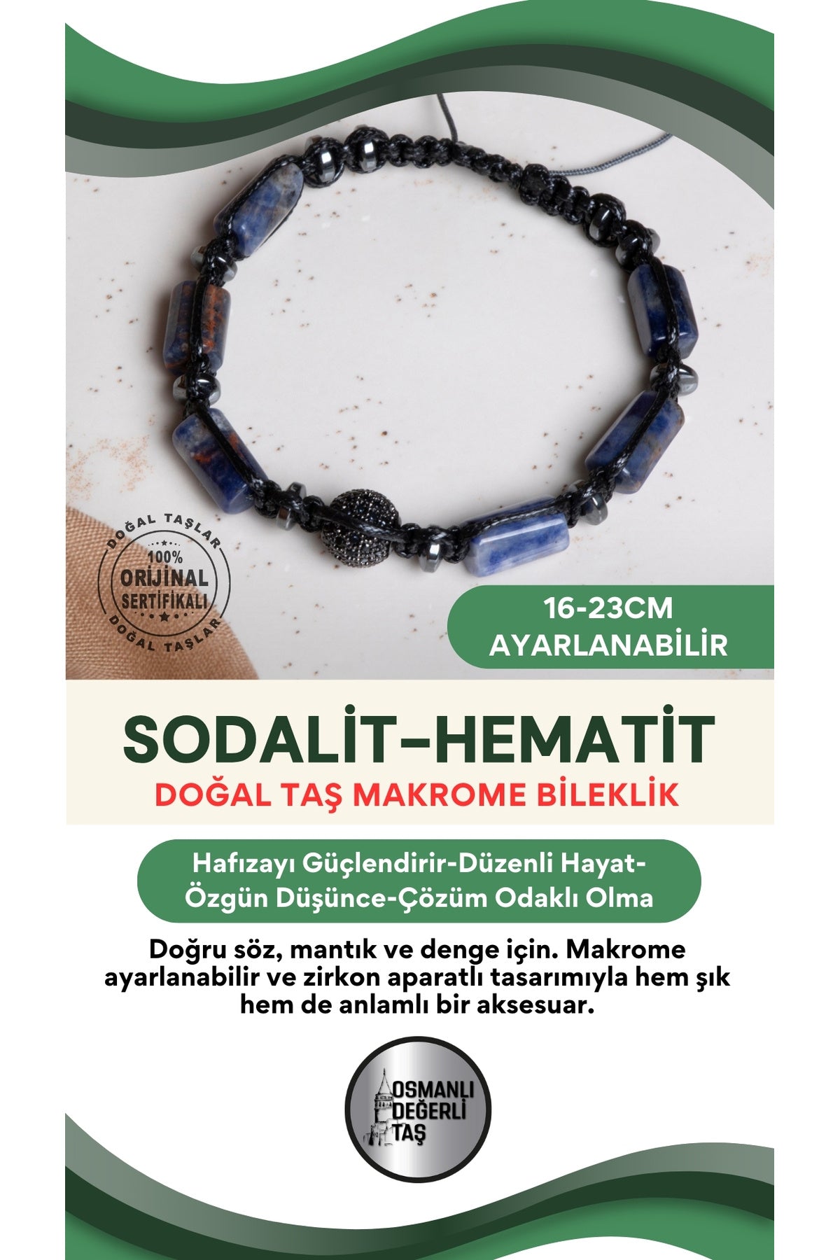SERTİFİKALI Sodalit-Hematit Doğal Taş Makrome Ayarlanabilir Zirkon Aparatlı Bileklik