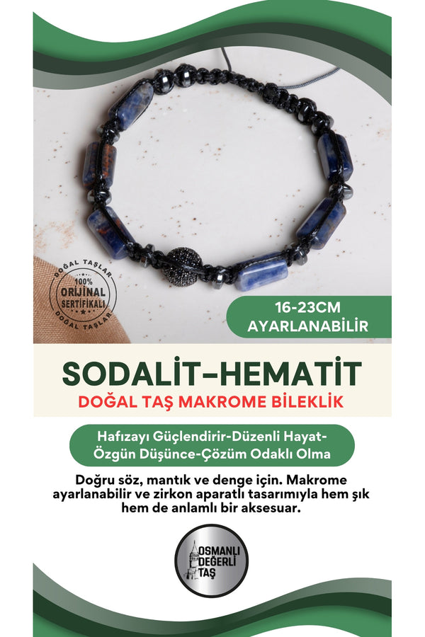 SERTİFİKALI Sodalit-Hematit Doğal Taş Makrome Ayarlanabilir Zirkon Aparatlı Bileklik