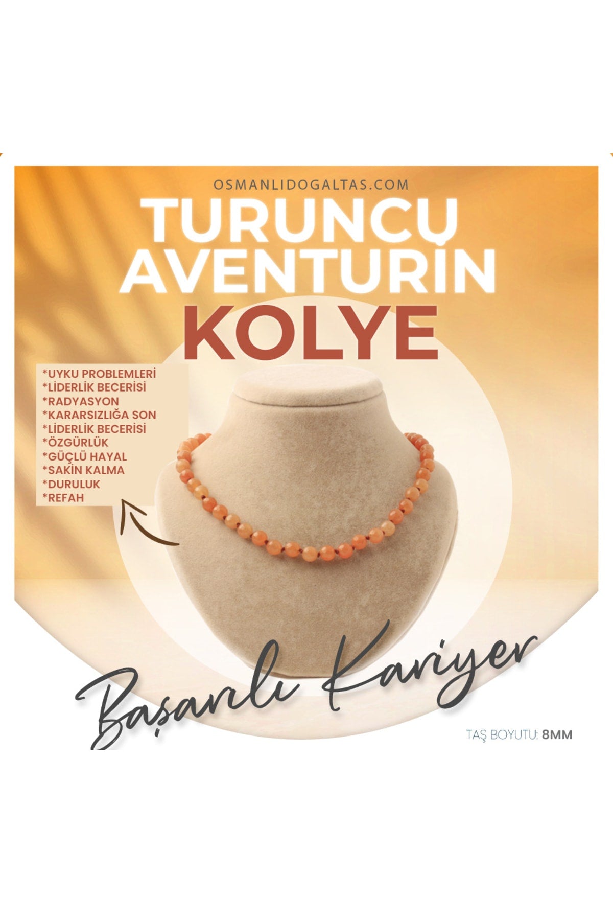 Sertifikalı Turuncu Aventurin Doğaltaş Kolye 8 Mm, M550