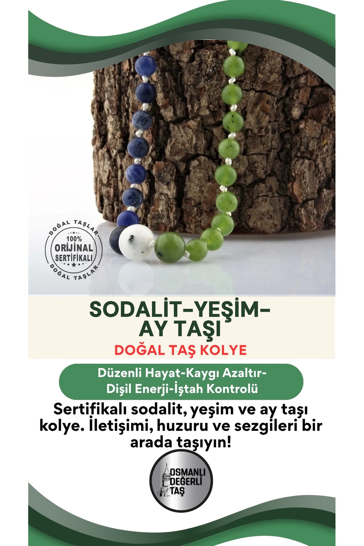 Sertifikalı Sodalit-yeşim-ay Taşı Kolye