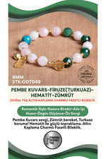 Sertifikalı Pembe Kuvars-Firuze-Hematit-Zümrüt Doğal Taş Altın Kaplama Charmlı Bileklik ODT049