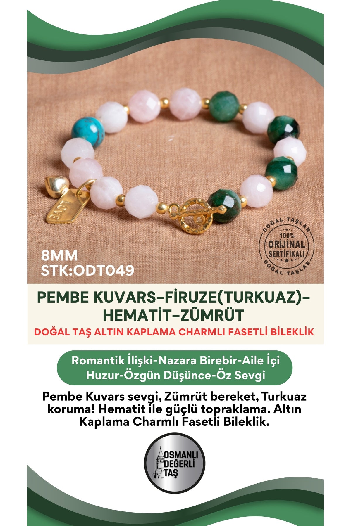 Sertifikalı Pembe Kuvars-Firuze-Hematit-Zümrüt Doğal Taş Altın Kaplama Charmlı Bileklik ODT049