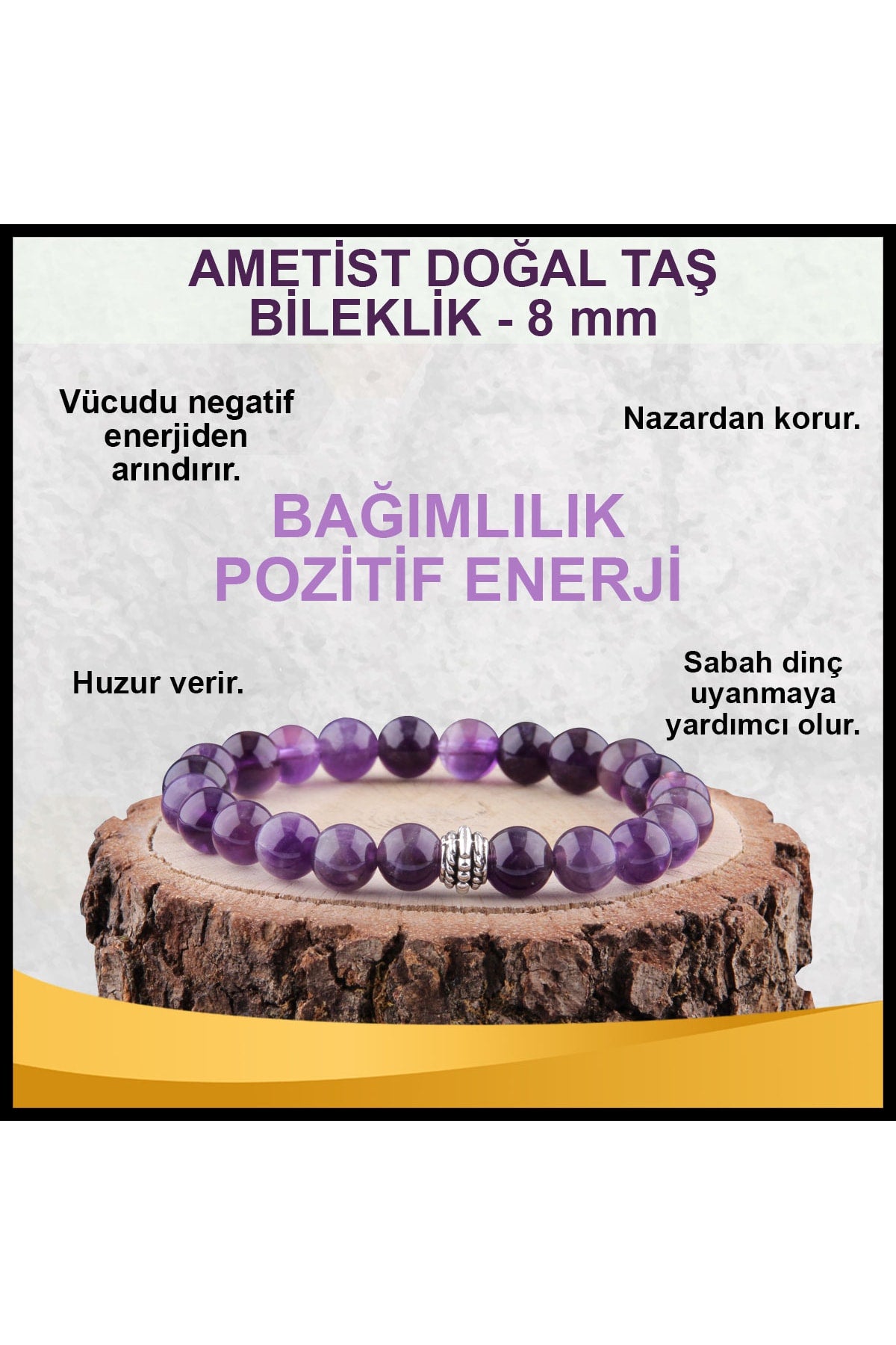 Sertifikalı Ametist Doğal Taş Bileklik 8 Mm - B596