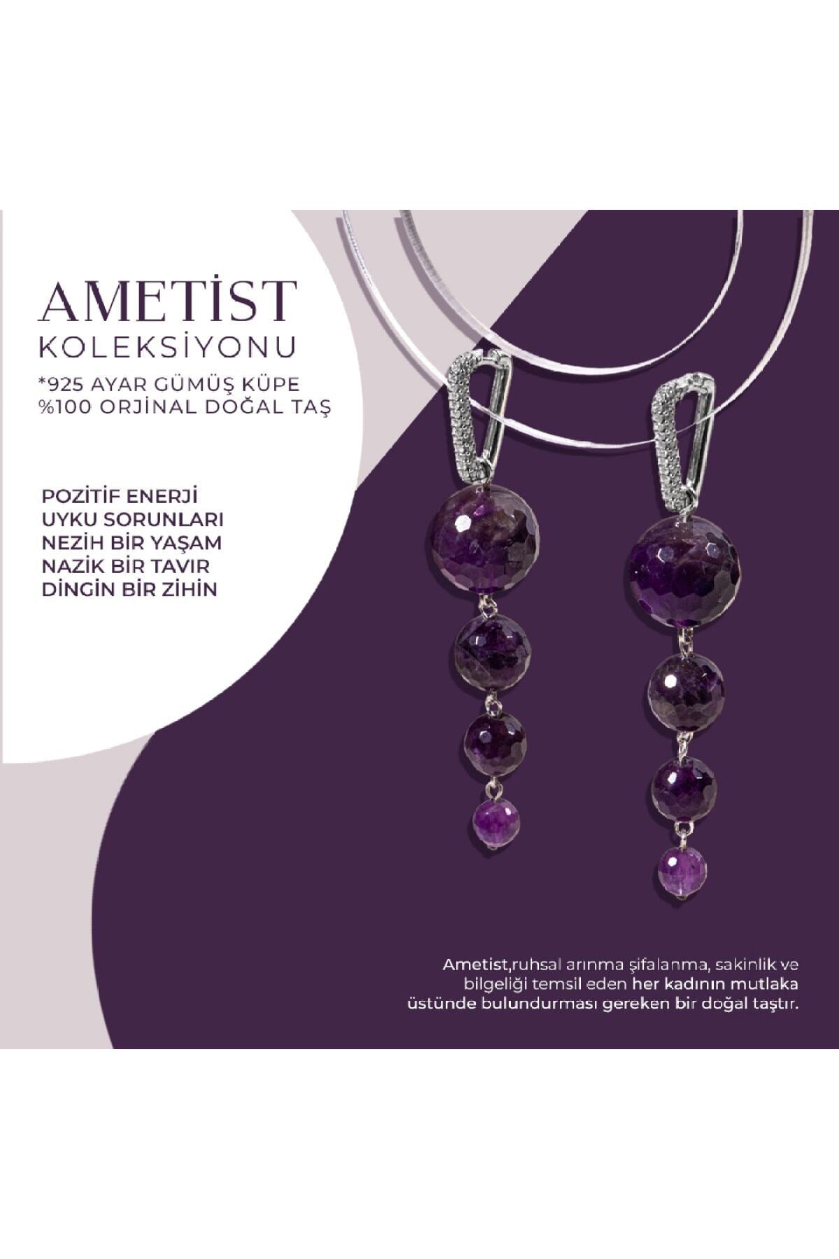 Sertifikalı Ametist Doğal Taşlı Sallantılı Tasarım Gümüş Küpe