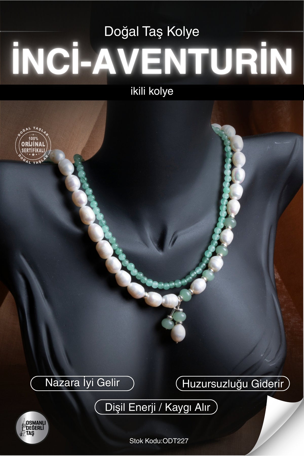 SERTİFİKALI İnci-Aventurin Doğal Taş İkili Kolye ODT227