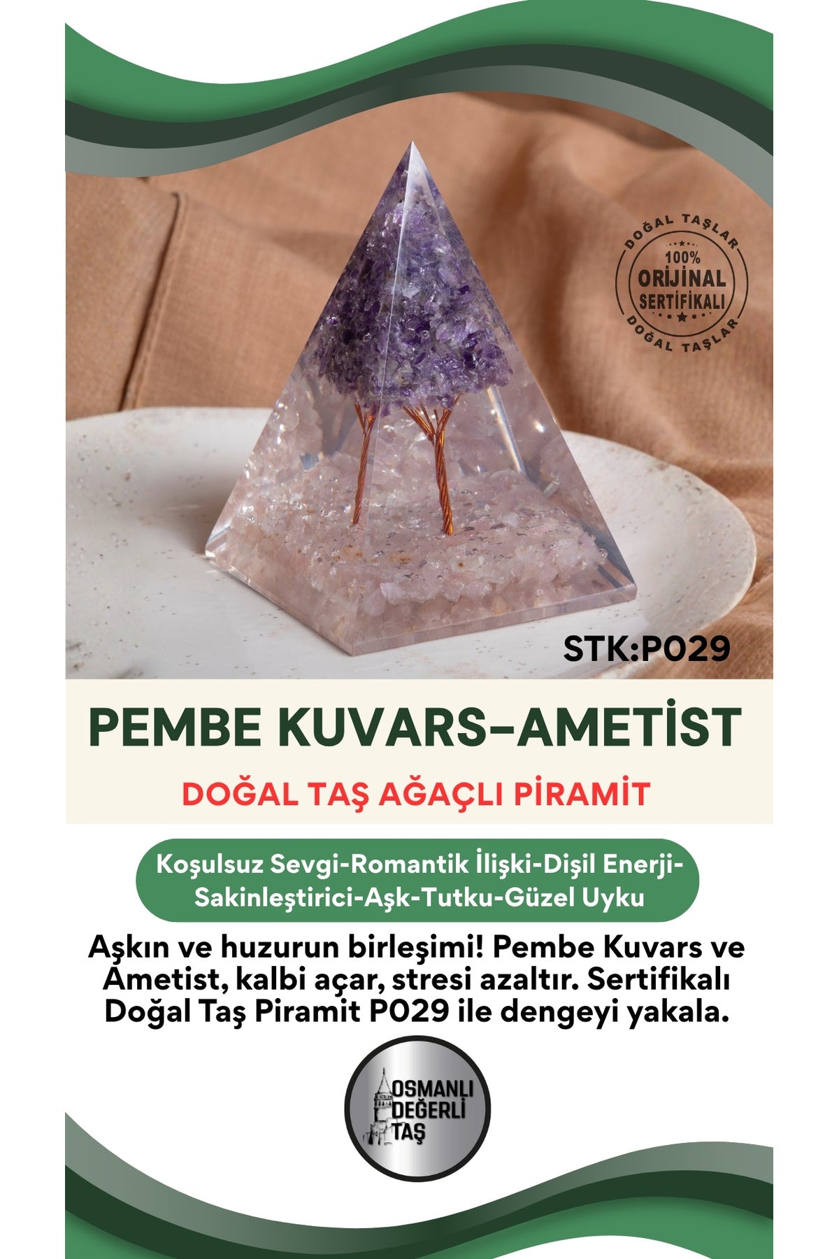 Sertifikalı Pembe Kuvars-Ametist Doğal Taş Piramit P029