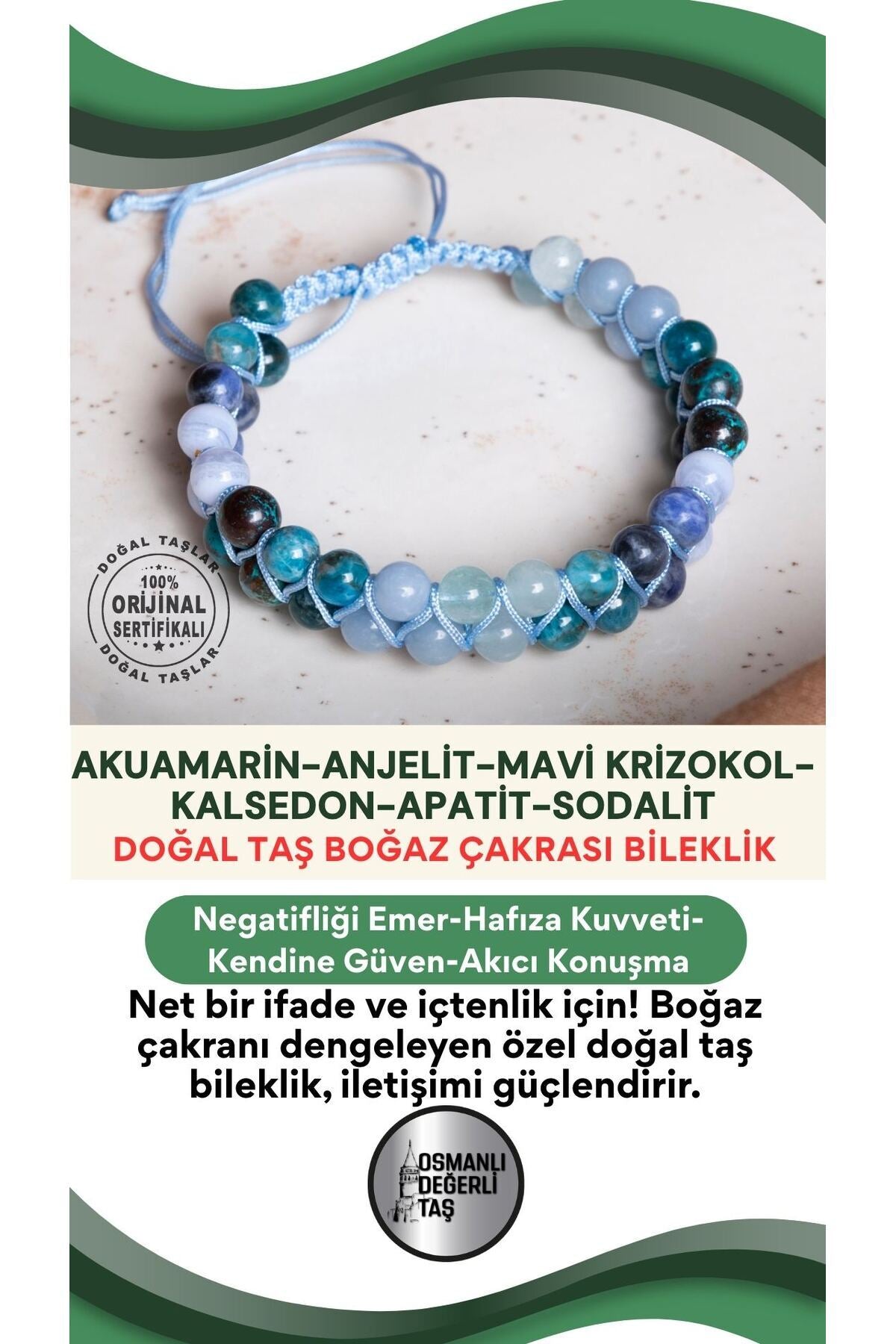 SERTİFİKALI Boğaz Çakrası Doğal Taş Makrome Ayarlanabilir Bileklik