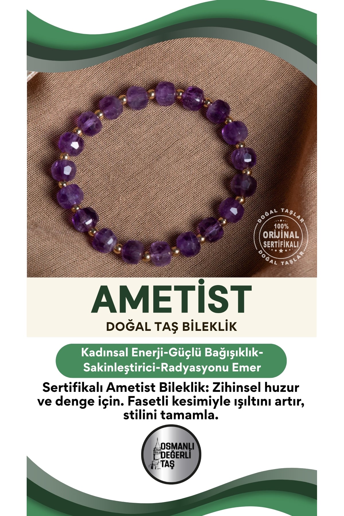 SERTİFİKALI Ametist Doğal Taş Fasetli Bileklik