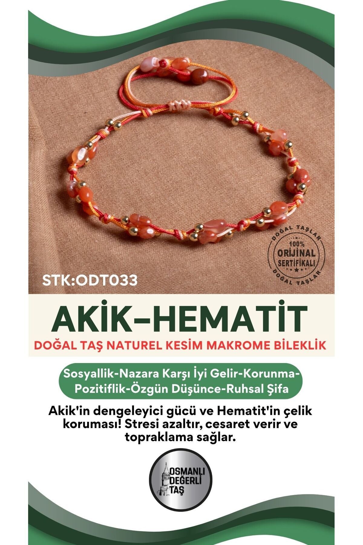 Sertifikalı Akik-Hematit Doğal Taş Makrome Bileklik ODT033