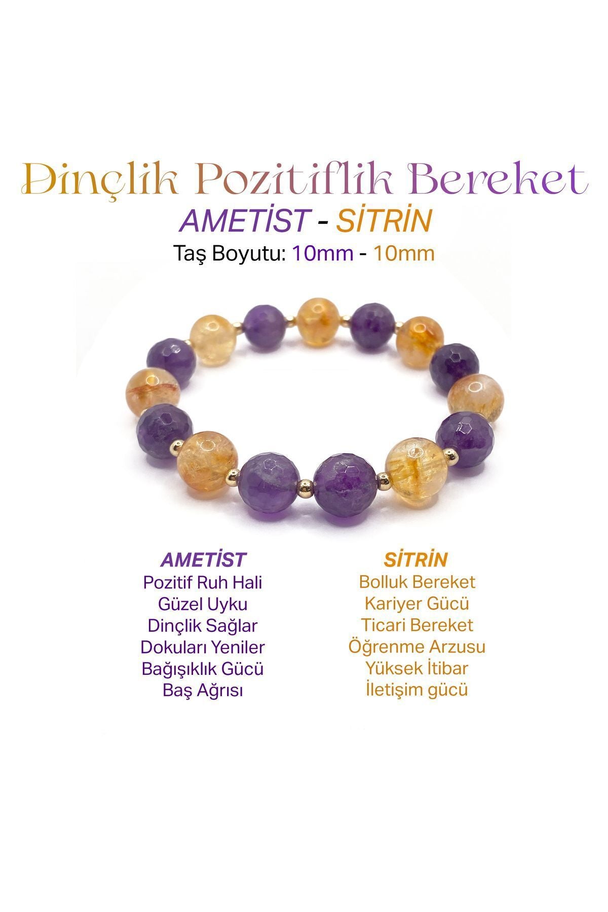 Sertifikalı Hakiki Orijinal 10mm Sitrin - Fasetli Ametist - Hematit Doğal Taş Misinalı Bileklik
