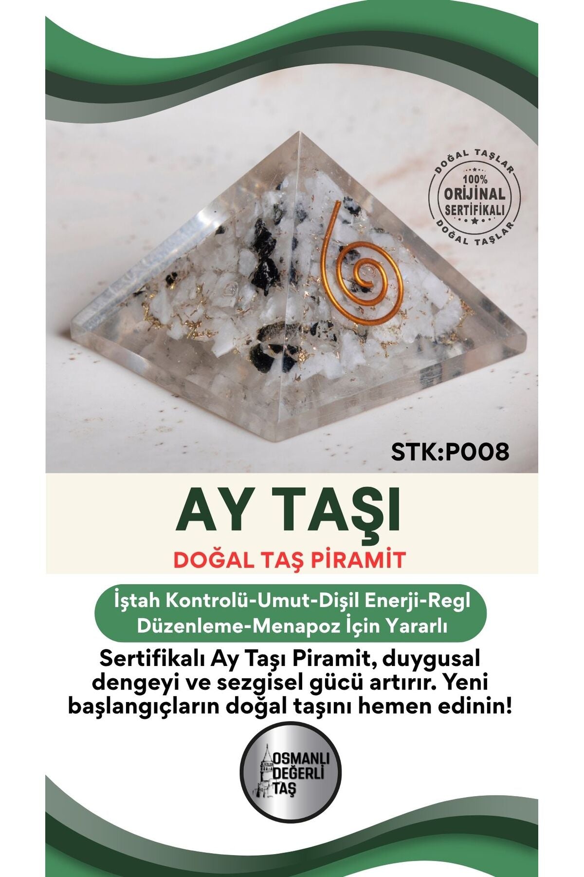 Sertifikalı Ay Taşı Doğal Taş Piramit No:1 P008