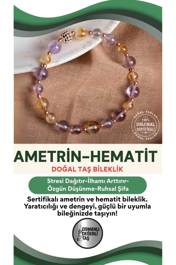 SERTİFİKALI Ametrin-Hematit Doğal Taş Bileklik 6-8 mm