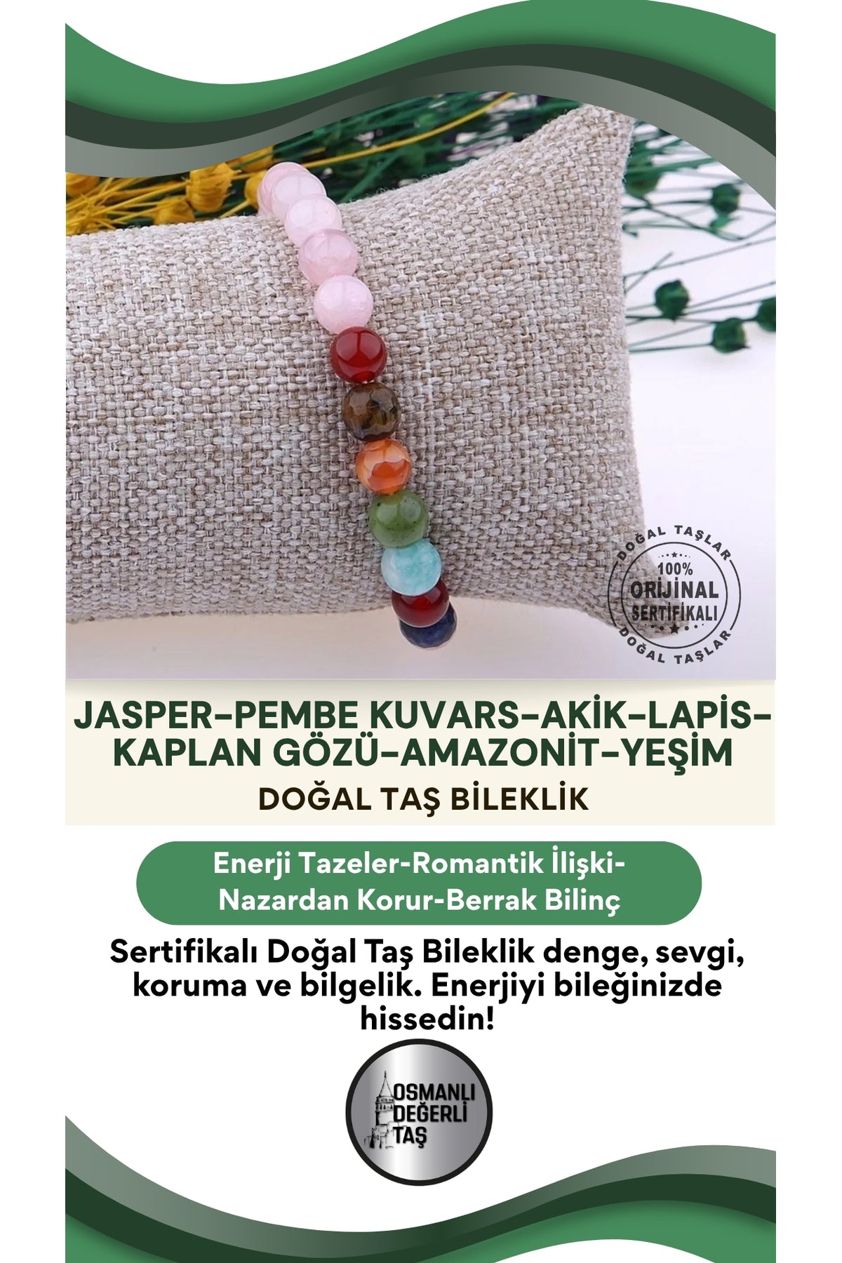 Sertifikalı Doğal Taş Bileklik-jasper,pembe Kuvars,akik,lapis,kaplan Gözü,amazonit,yeşim B286