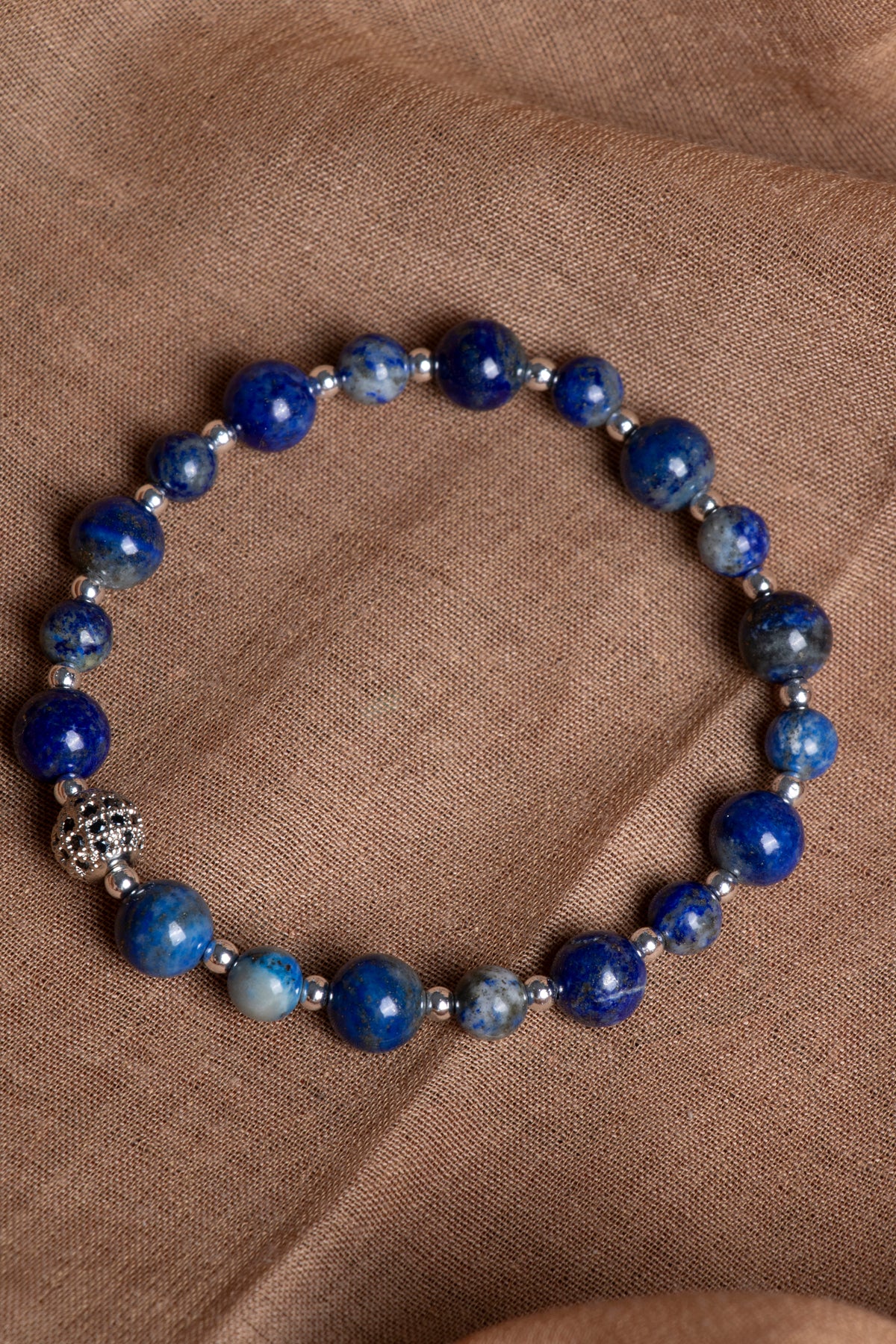 SERTİFİKALI Lapis Lazuli-Hematit Doğal Taş Zirkon Aparat Bileklik 6-8 mm
