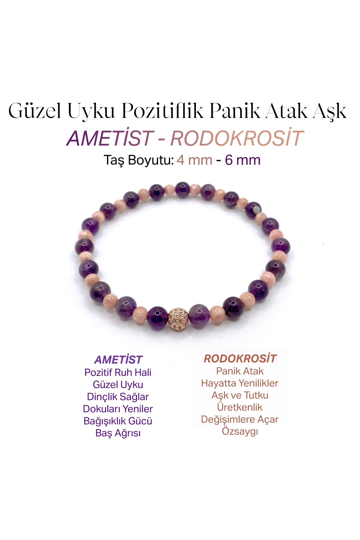 Sertifikalı Hakiki Orijinal Rodokrosit Ametist Doğal Taş Misinalı Bileklik 4mm 6mm