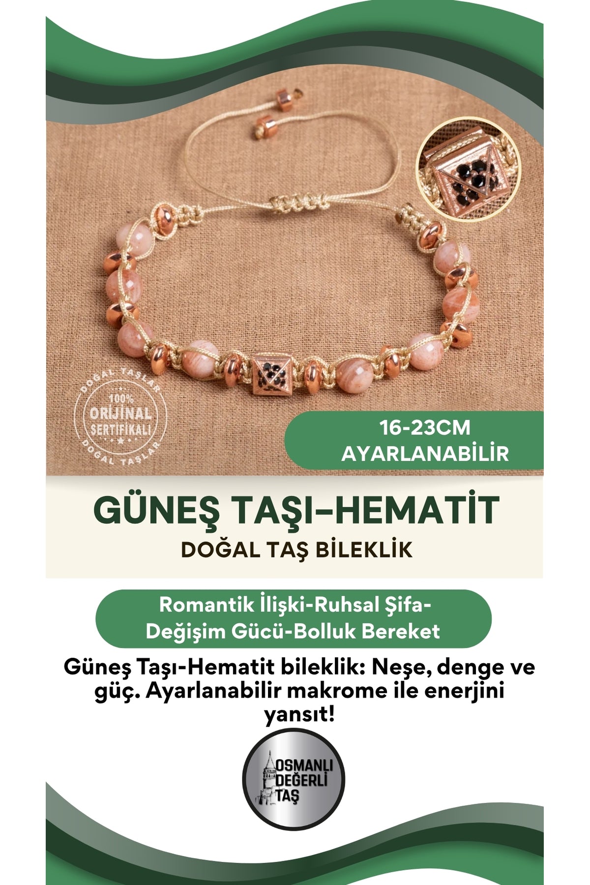 SERTİFİKALI güneş taşı - hematit Doğal Taş Makrome Ayarlanabilir Bileklik