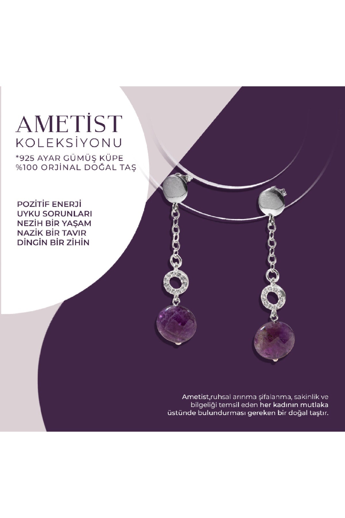 Sertifikalı Ametist Doğal Taşlı Tasarım Sallantılı Gümüş Küpe