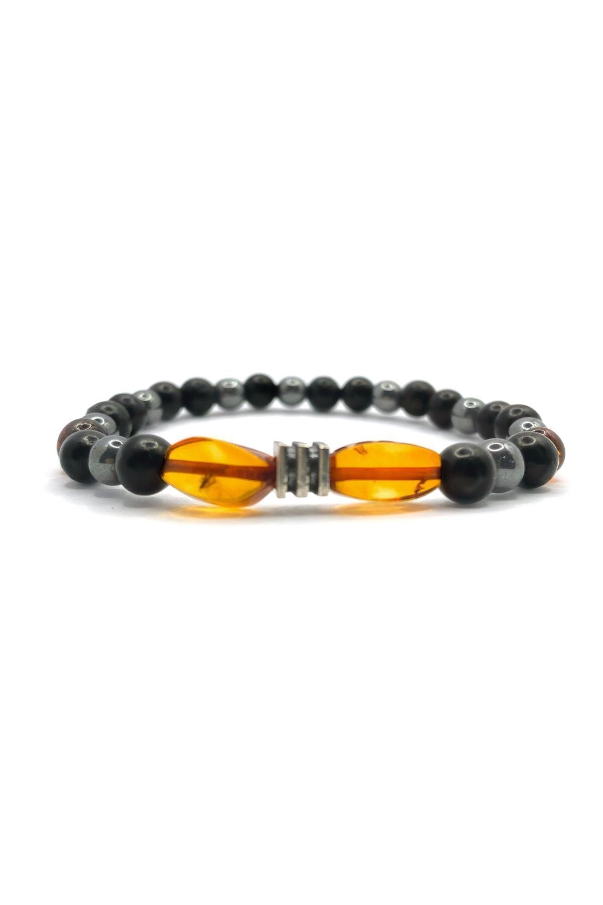 Orijinal Hakiki Kehribar - Shungite - Hematit Misinalı Doğal Taş Bileklik 6mm