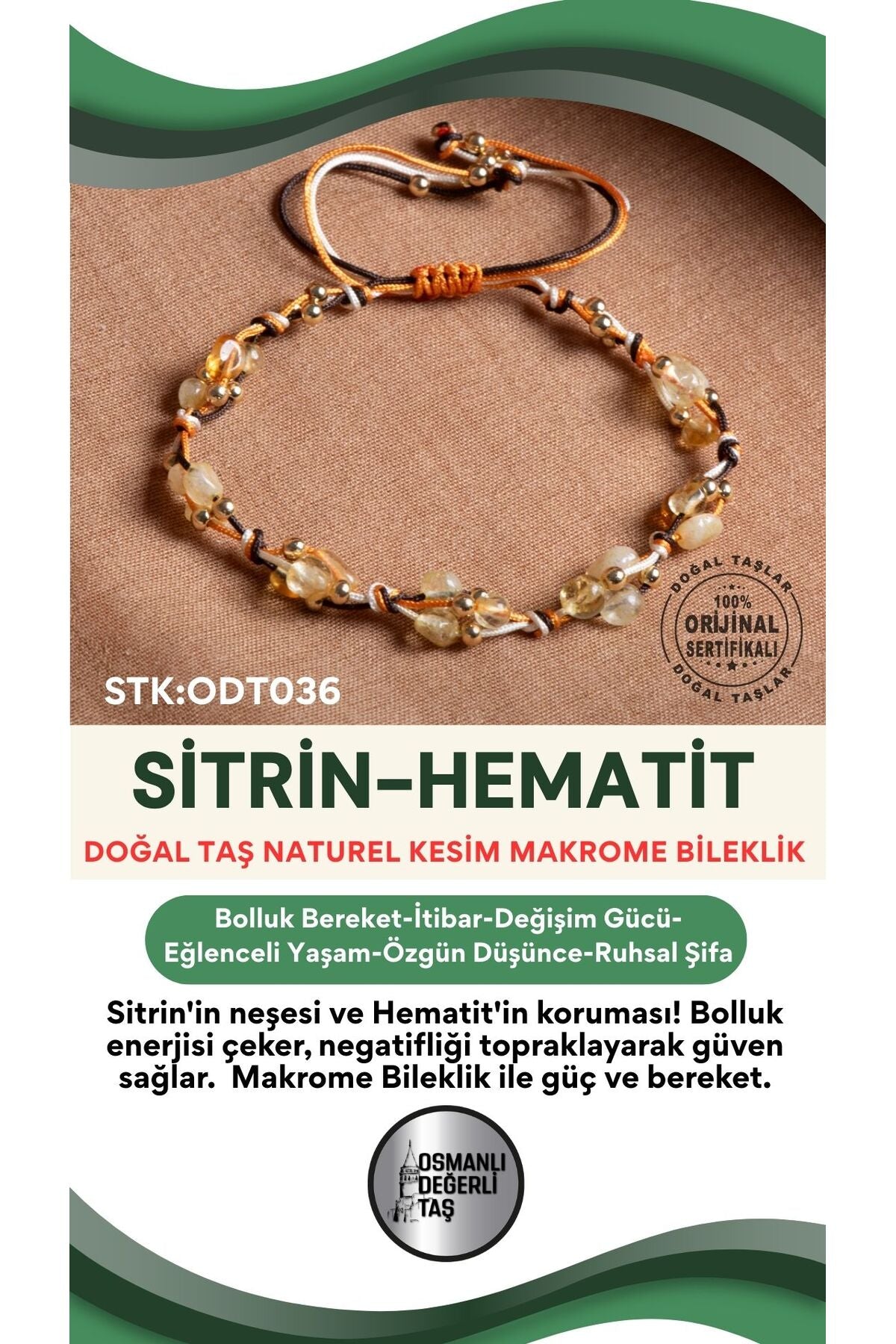 Sertifikalı Sitrin-Hematit Doğal Taş Makrome Bileklik ODT036
