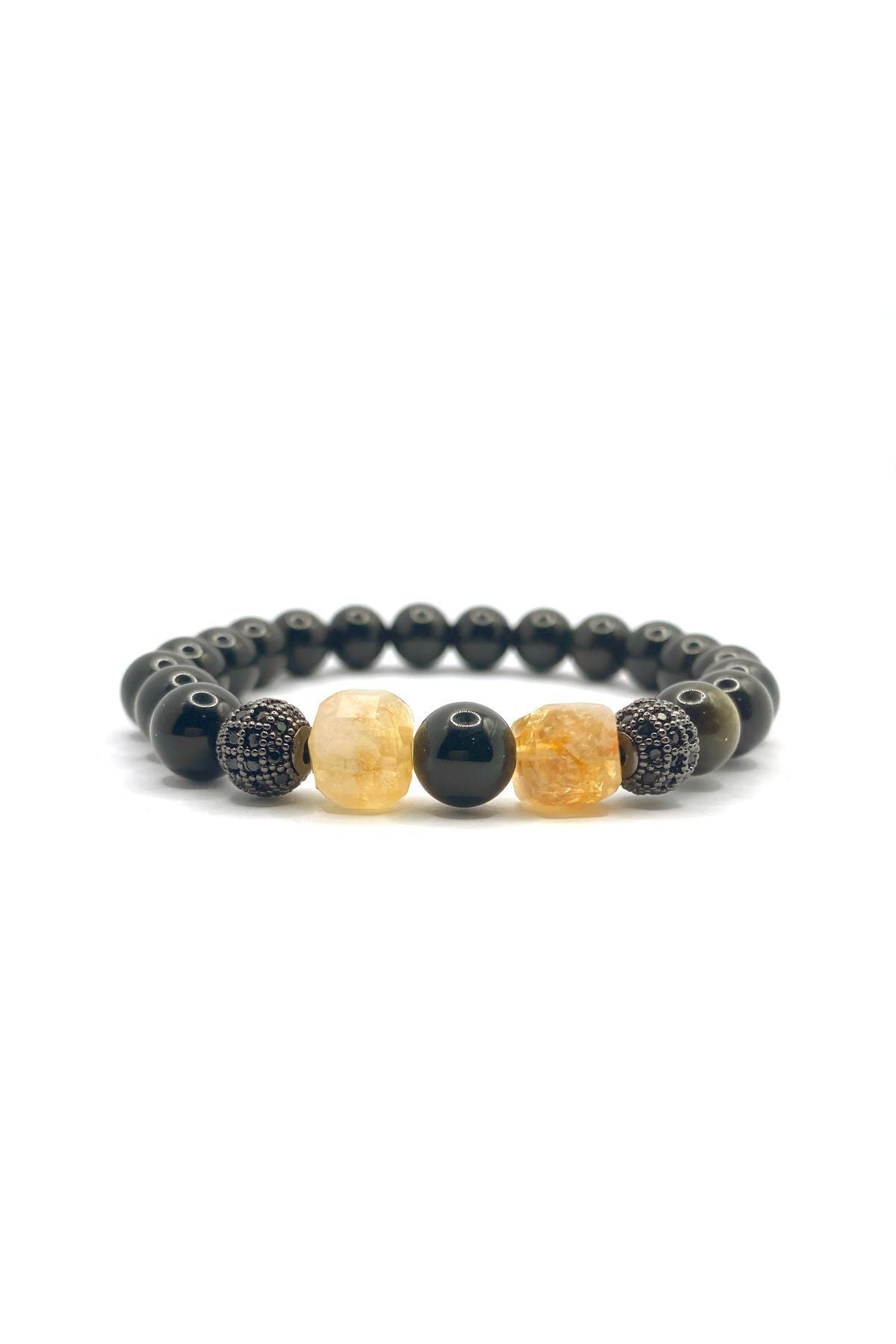 Orijinal Hakiki Sitrin - Obsidyen Siyah Zirkon Doğal Taş Bileklik 8mm