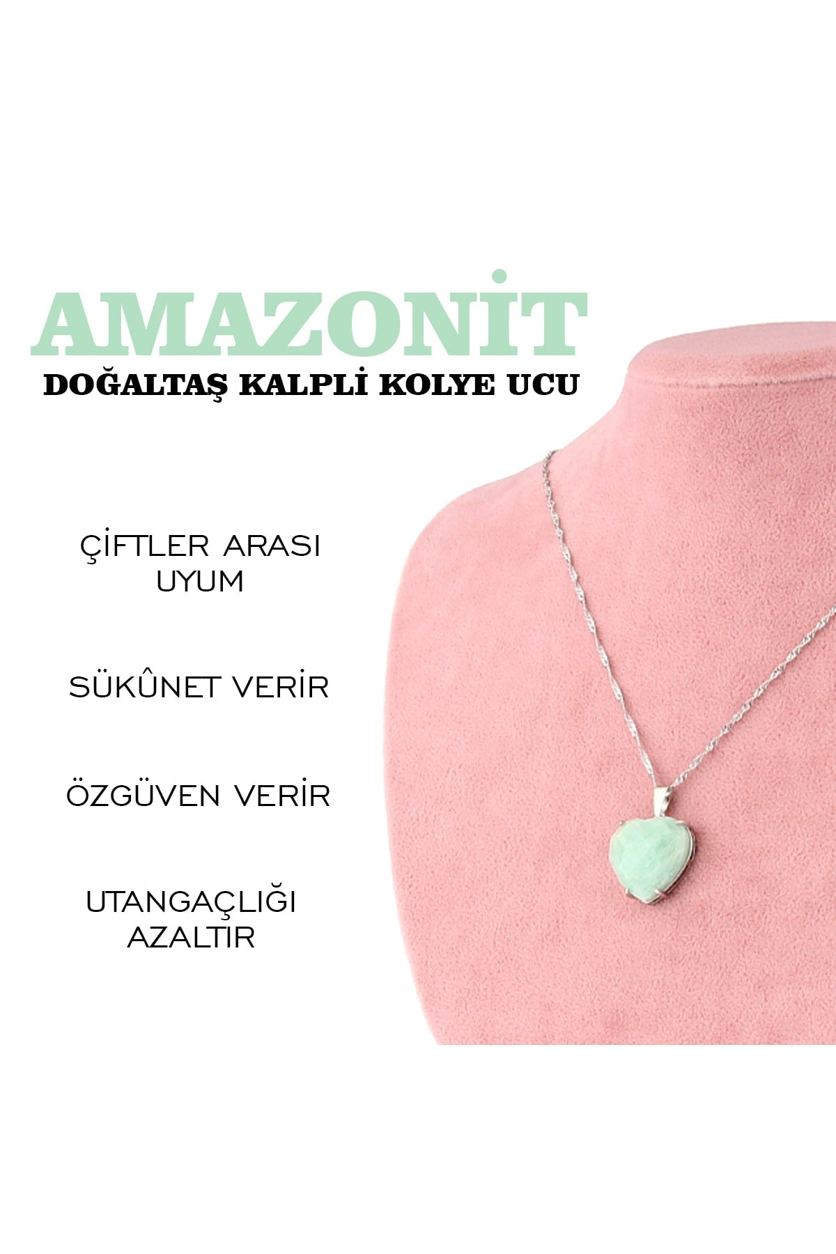 Sertifikalı Amazonit Doğaltaş Kalpli Kolye Ucu, Gümüş Zincirle Beraber M433