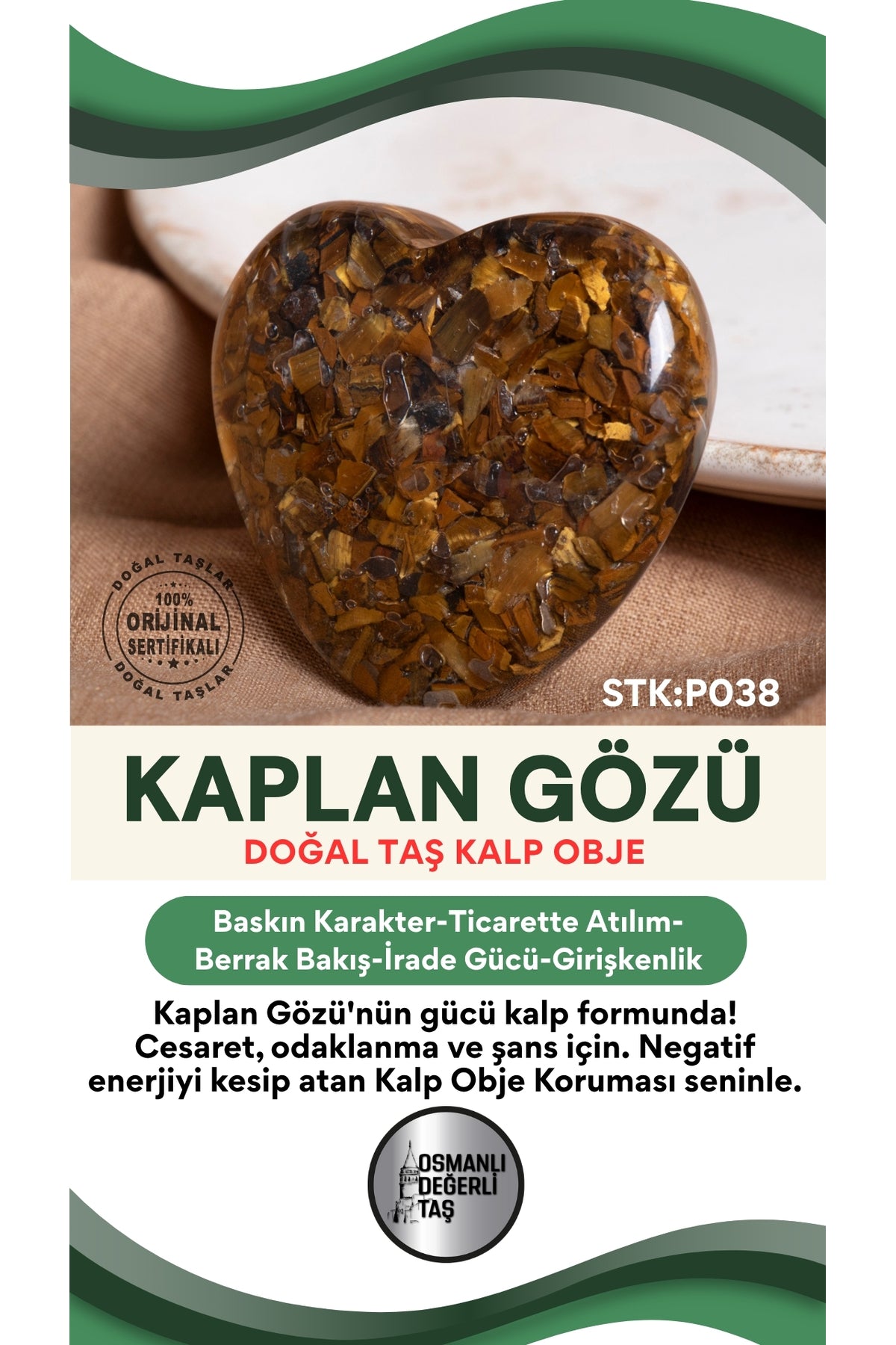 Sertifikalı Kaplan Gözü Doğal Taş Kalp Obje P038