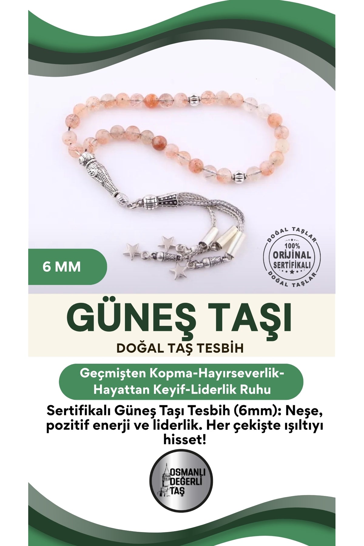 Sertifikalı Güneş Taşı Doğal Taş Tesbih 6 Mm, T191