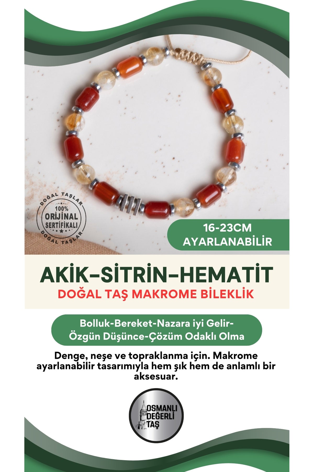 SERTİFİKALI Akik-Sitrin-Hematit Doğal Taş Makrome Ayarlanabilir Bileklik