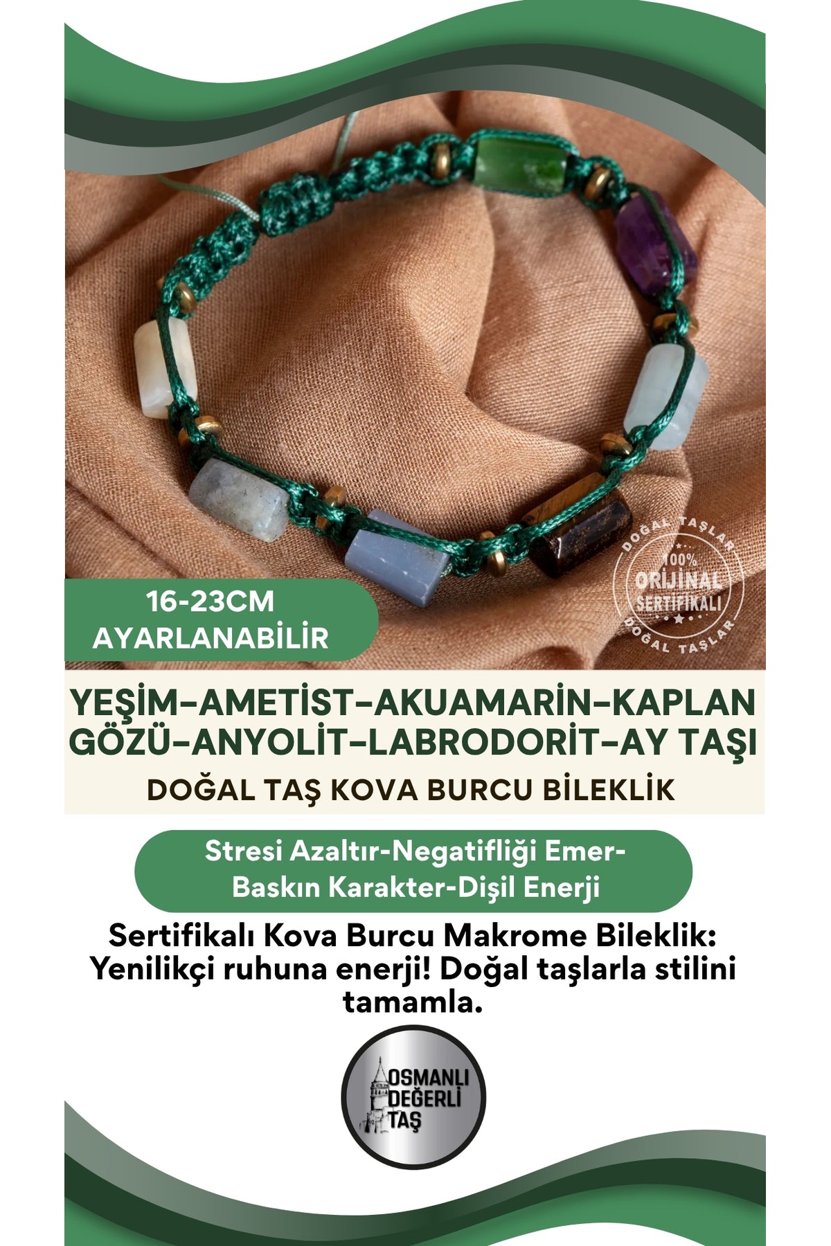 SERTİFİKA Kova Burcu Doğal Taş Makrome Ayarlanabilir Bileklik