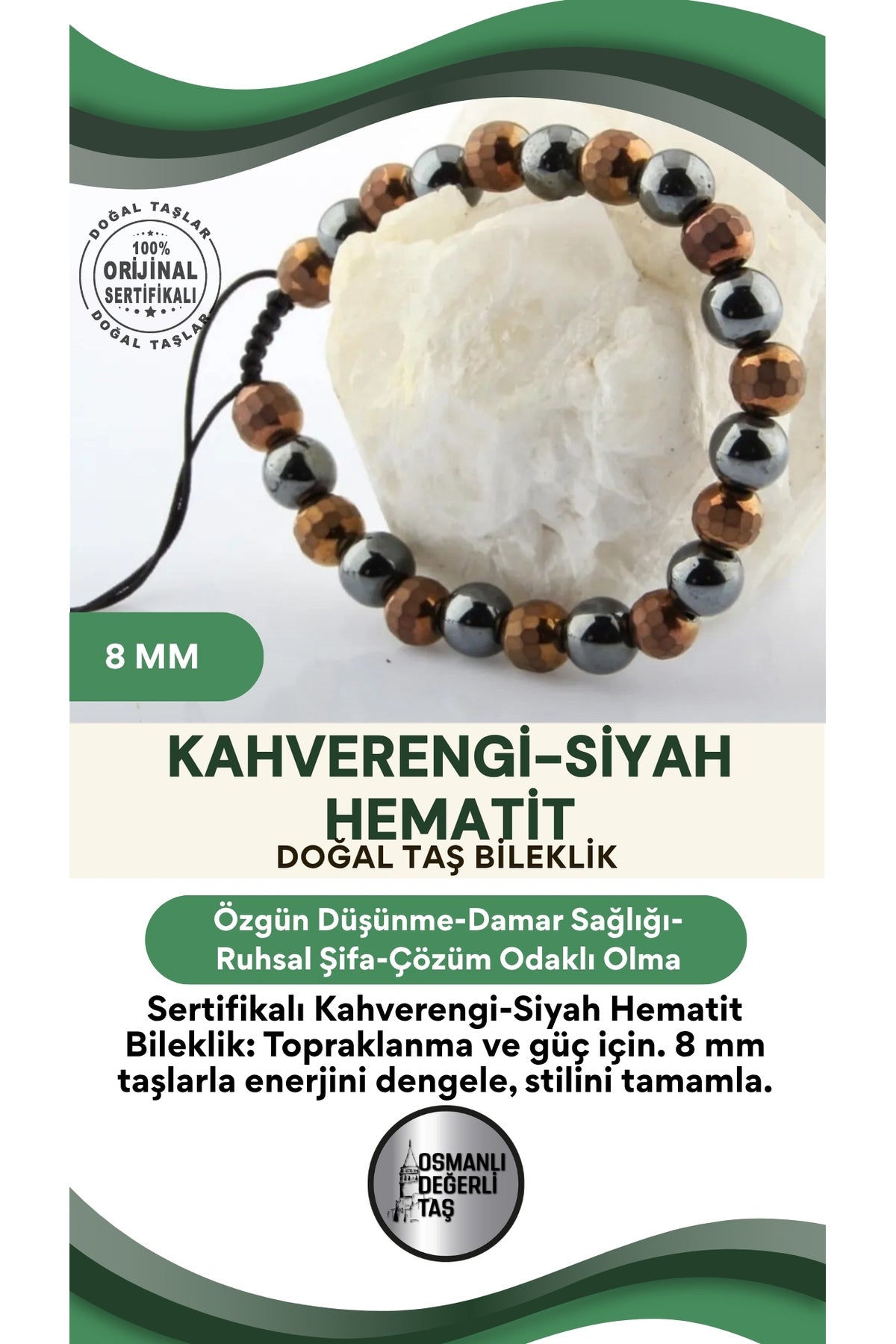 Sertifikalı Kahverengi - Siyah Hematit Doğal Taşı Bileklik - 8 Mm
