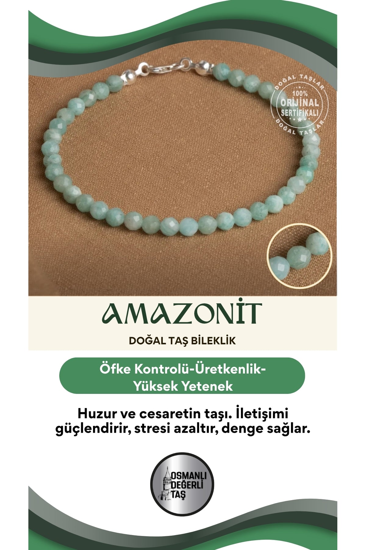 Sertifikalı Amazonit Doğal Taş Bileklik – Dinginlik ve İç Huzur Taşı