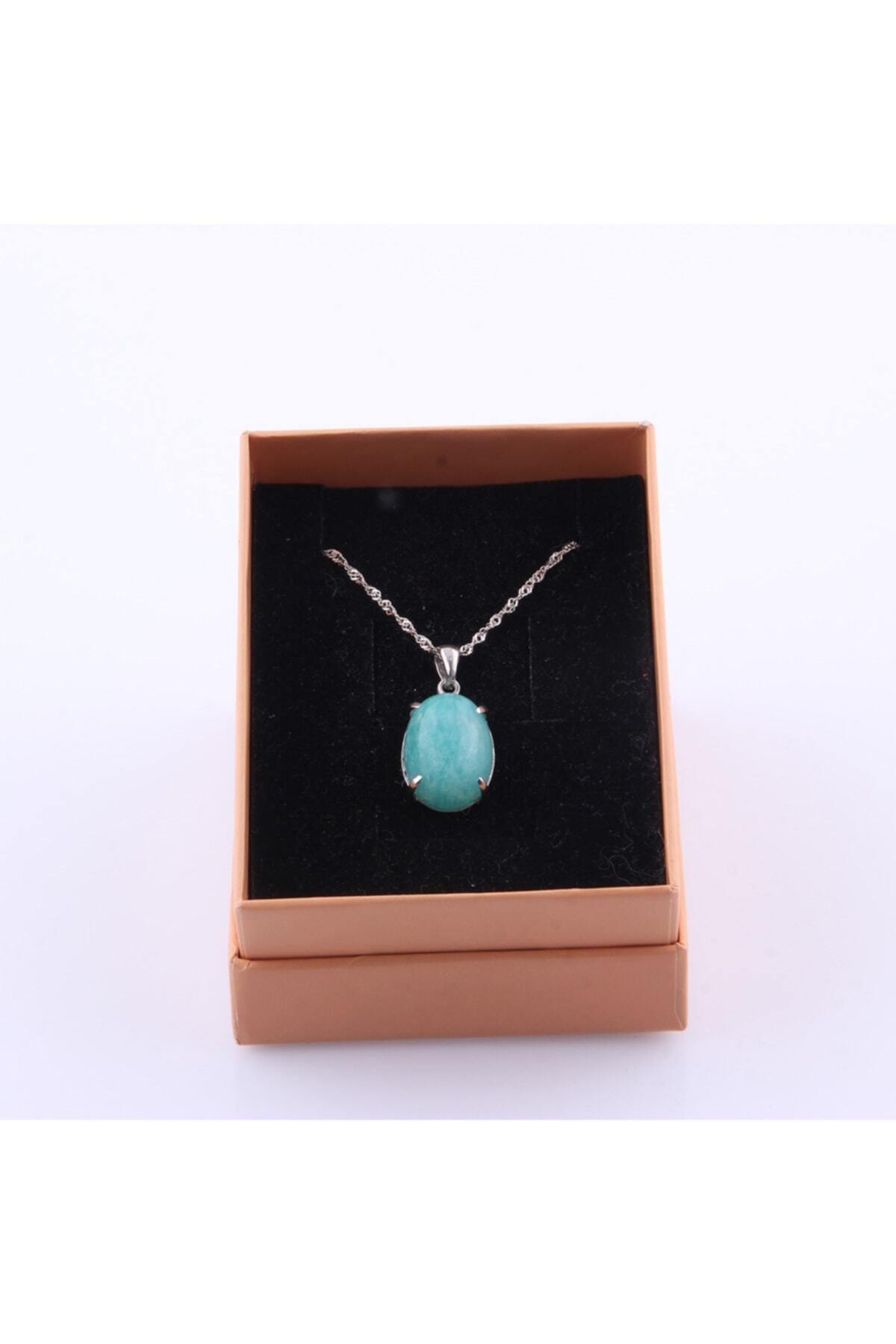 Sertifikalı Amazonit Doğal Taş Gümüş Çerçeveli Ve Zincirli Kolye Ucu - 2 X 1,2 Cm M344