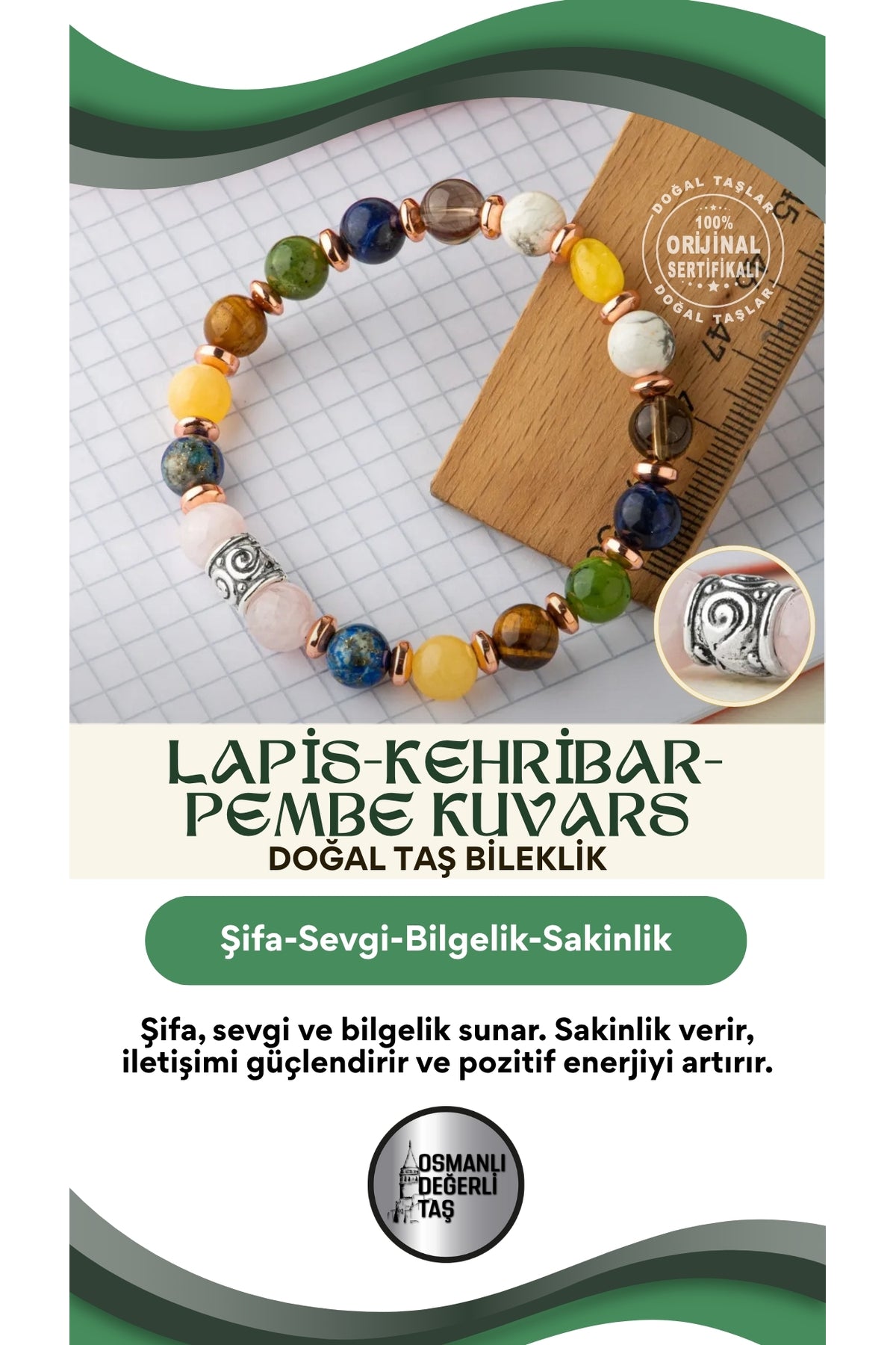 Sertifikalı Lapis Kehribar Pembe Kuvars Doğal Taşlı  Bileklik