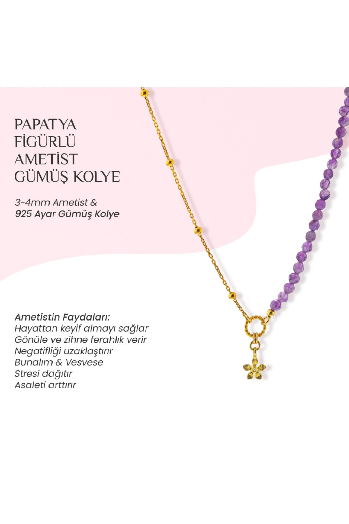 Ametist Doğal Taşlı Papatya Motifli Gümüş Şans Kolyesi