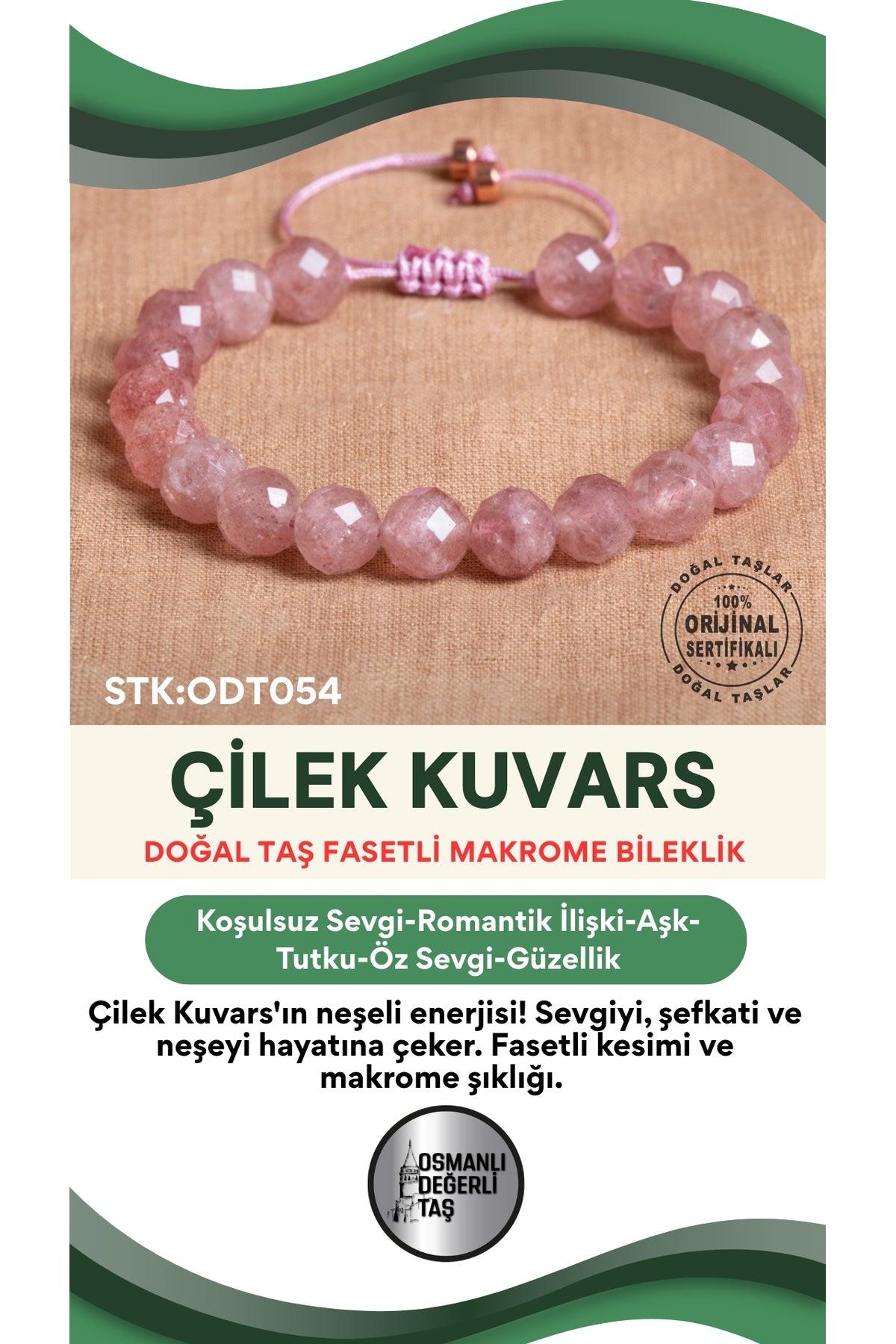 Sertifikalı Çilek Kuvars Doğal Taş Fasetli Makrome Bileklik ODT054
