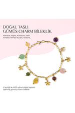 Doğal Taşlı Gümüş Charm Bileklik Kehribar, Pembe Kuvars, Aventurin, Rodonit, Sitrin, Yeşim