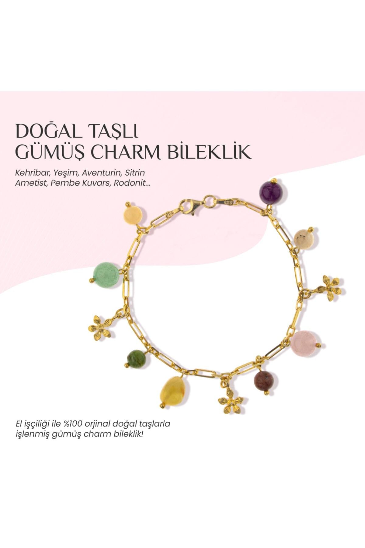 Doğal Taşlı Gümüş Charm Bileklik Kehribar, Pembe Kuvars, Aventurin, Rodonit, Sitrin, Yeşim