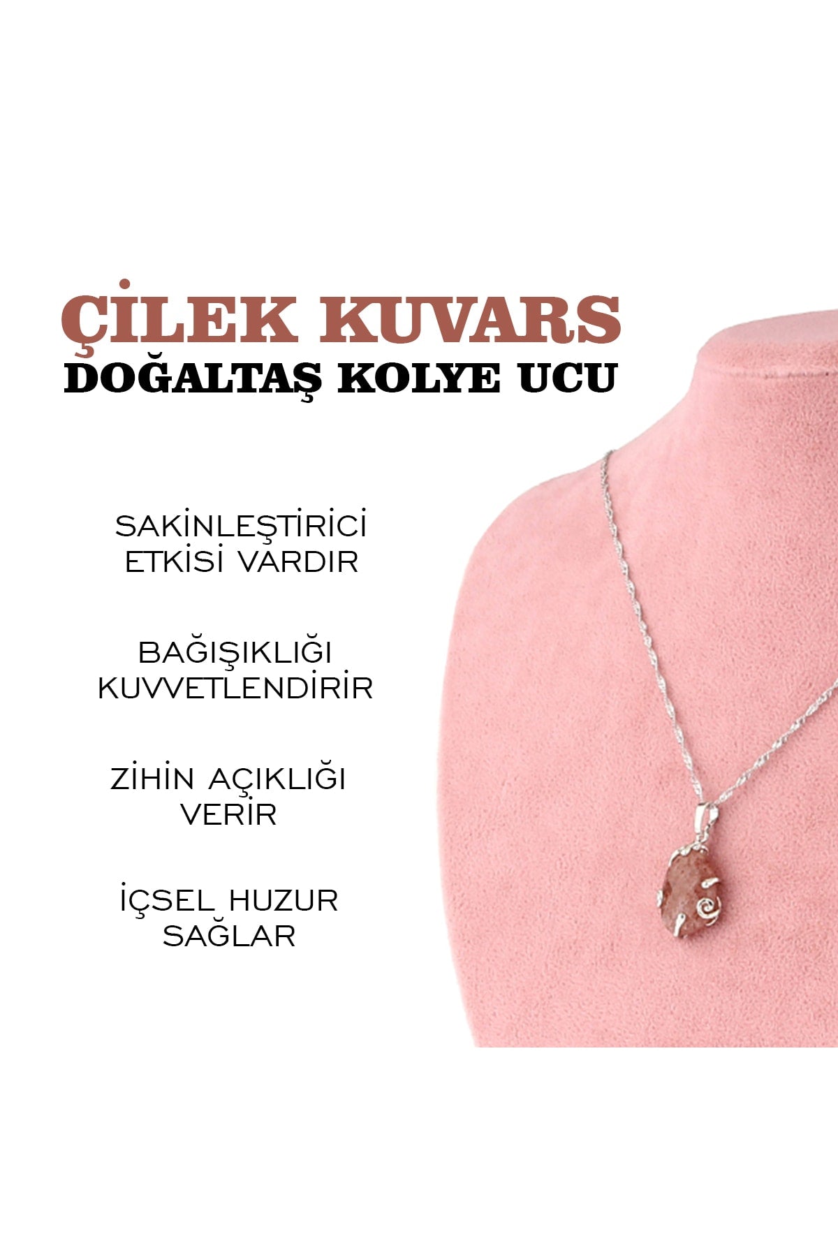 Sertifikalı Çilek Kuvars Doğaltaş Kolye Ucu, Gümüş Zincirle Beraber M444