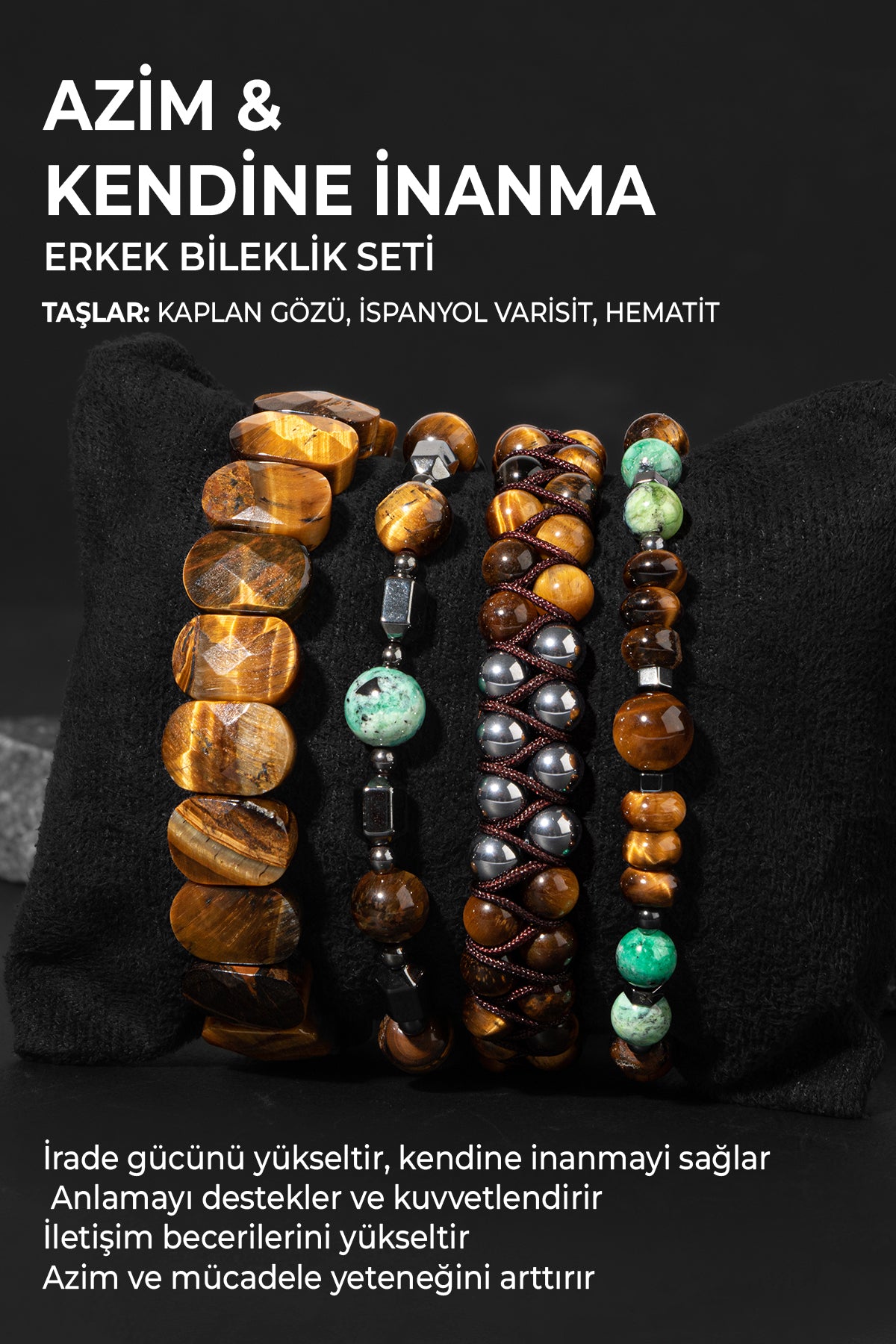 Azim & Kendine İnanma Bileklik Seti Kaplan Gözü, İspanyol Varisit, Hematit Sertifikalı Doğal Taşlı