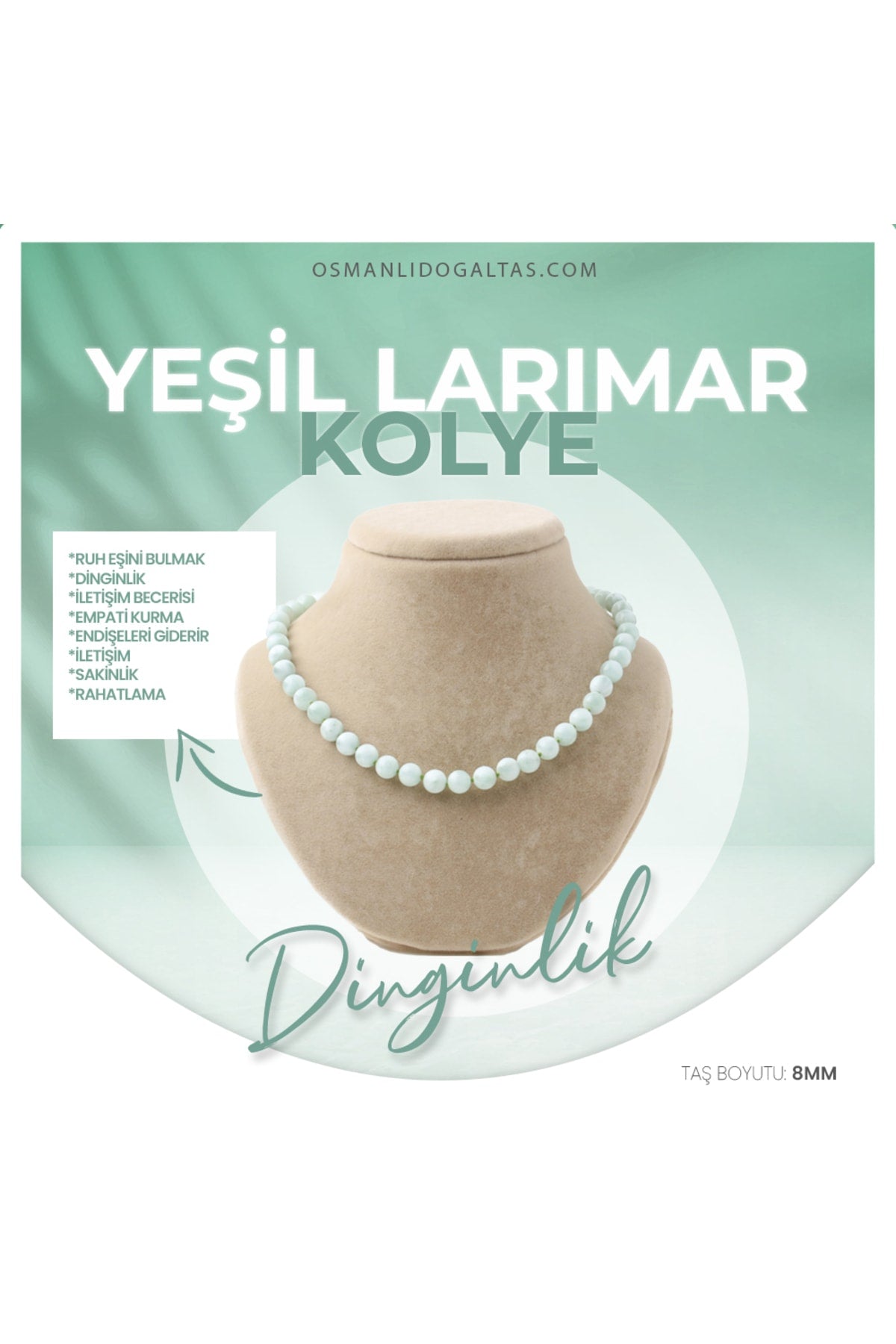Sertifikalı Yeşil Larimar Doğaltaş Kolye 8 Mm, M552