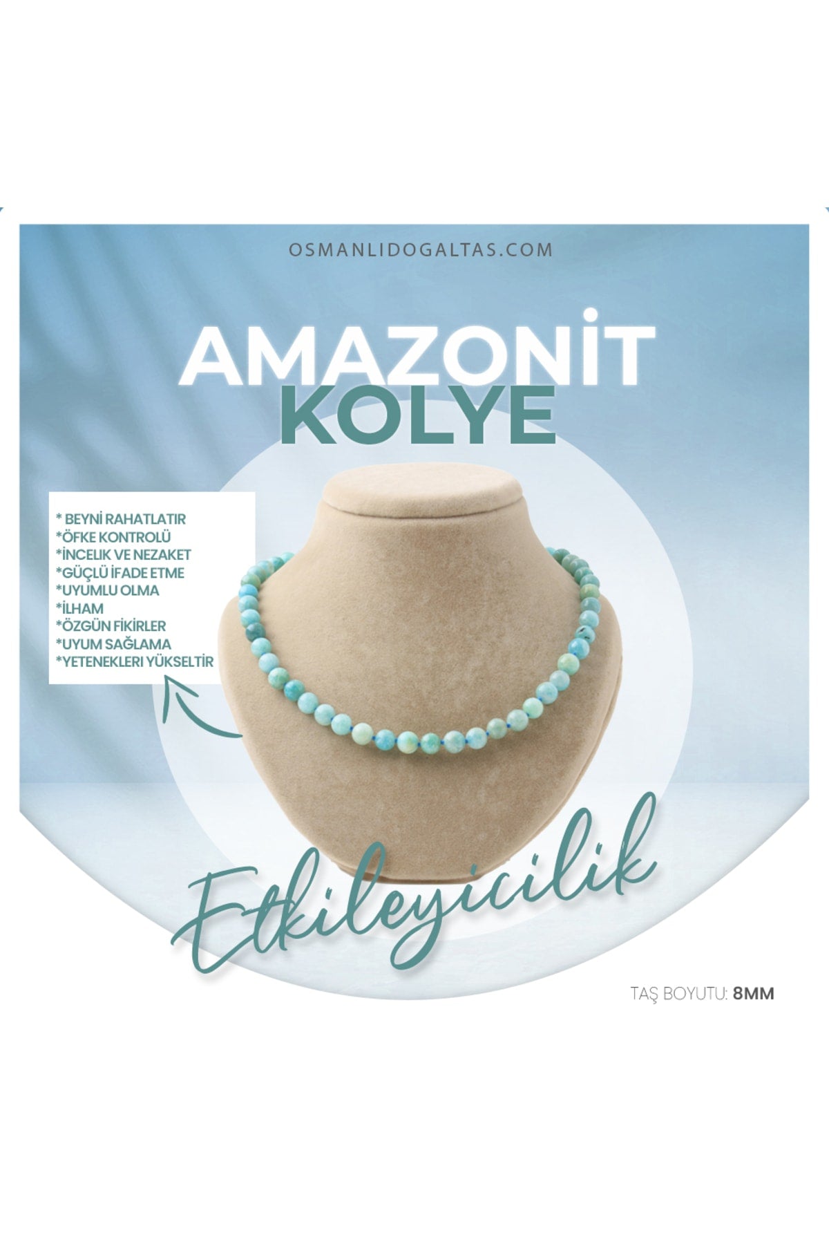 Sertifikalı Amazonit Doğaltaş Kolye 8 Mm, M504