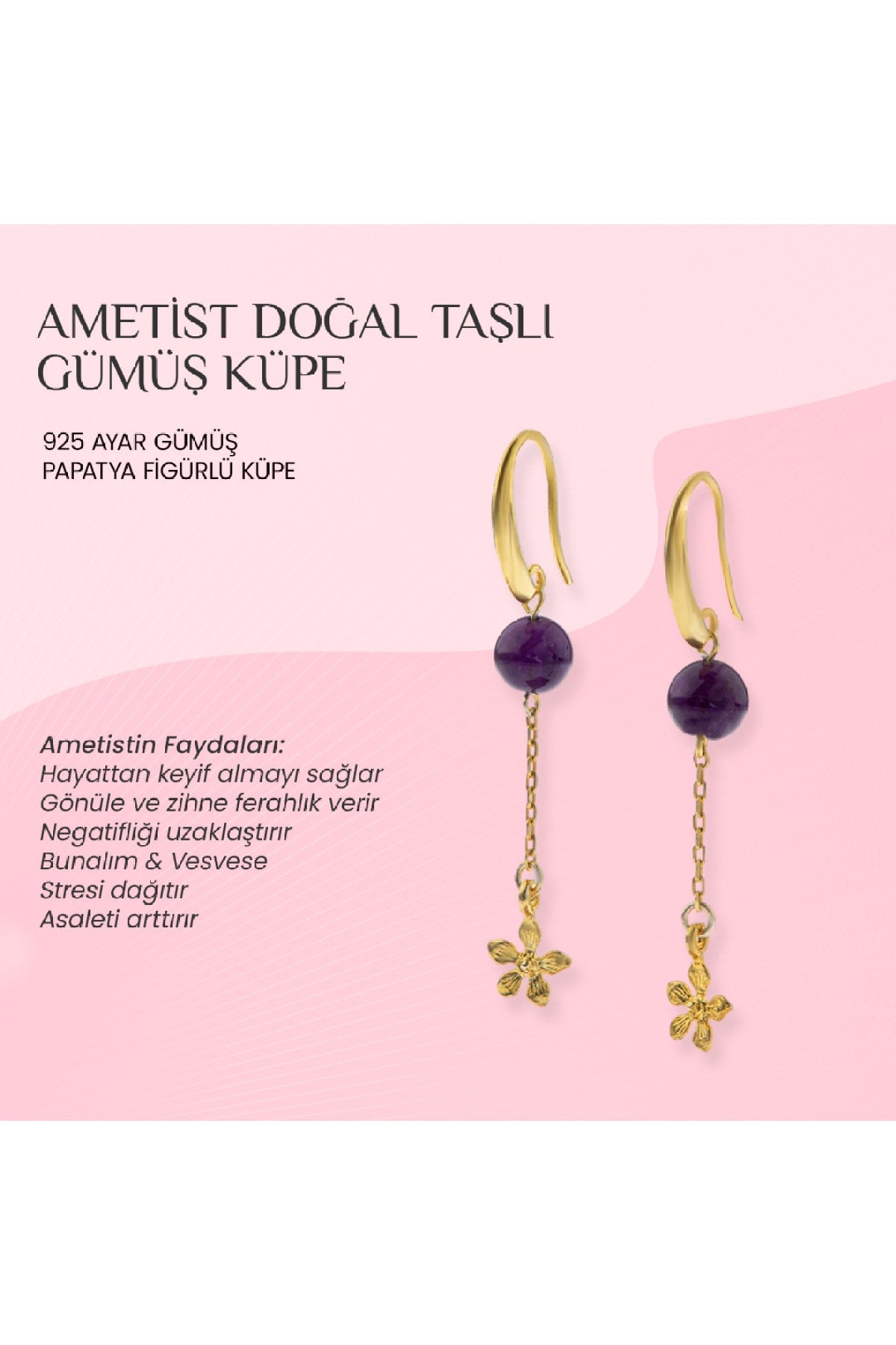 Ametist Doğal Taşlı 925 Ayar Gümüş Küpe Papatya Motifli