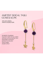 Ametist Doğal Taşlı 925 Ayar Gümüş Küpe Papatya Motifli