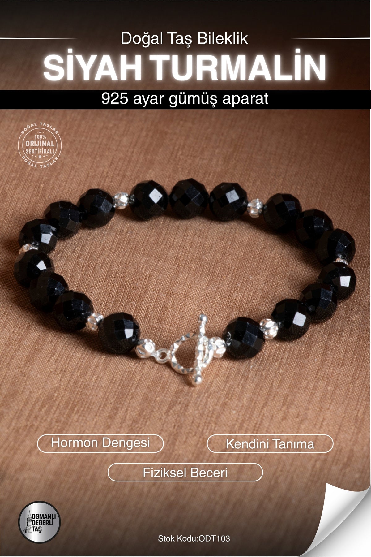 Sertifikalı Siyah Turmalin Doğal Taş 925 Ayar Gümüş Aparatlı Bileklik ODT103