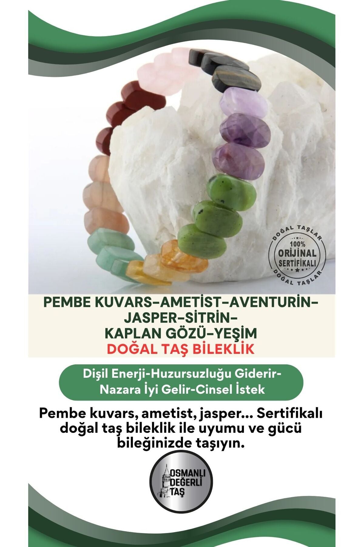 Sertifikalı Pembe Kuvars-ametist-aventurin-jasper-sitrin-kaplan Gözü-yeşim Doğal Taş Bileklik