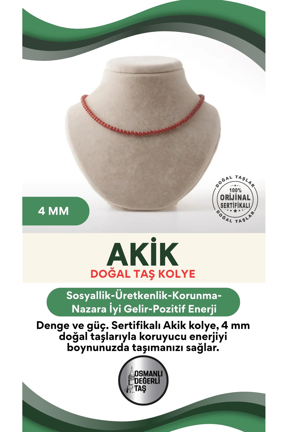 Sertifikalı Akik Doğaltaş Kolye 4 Mm, M500