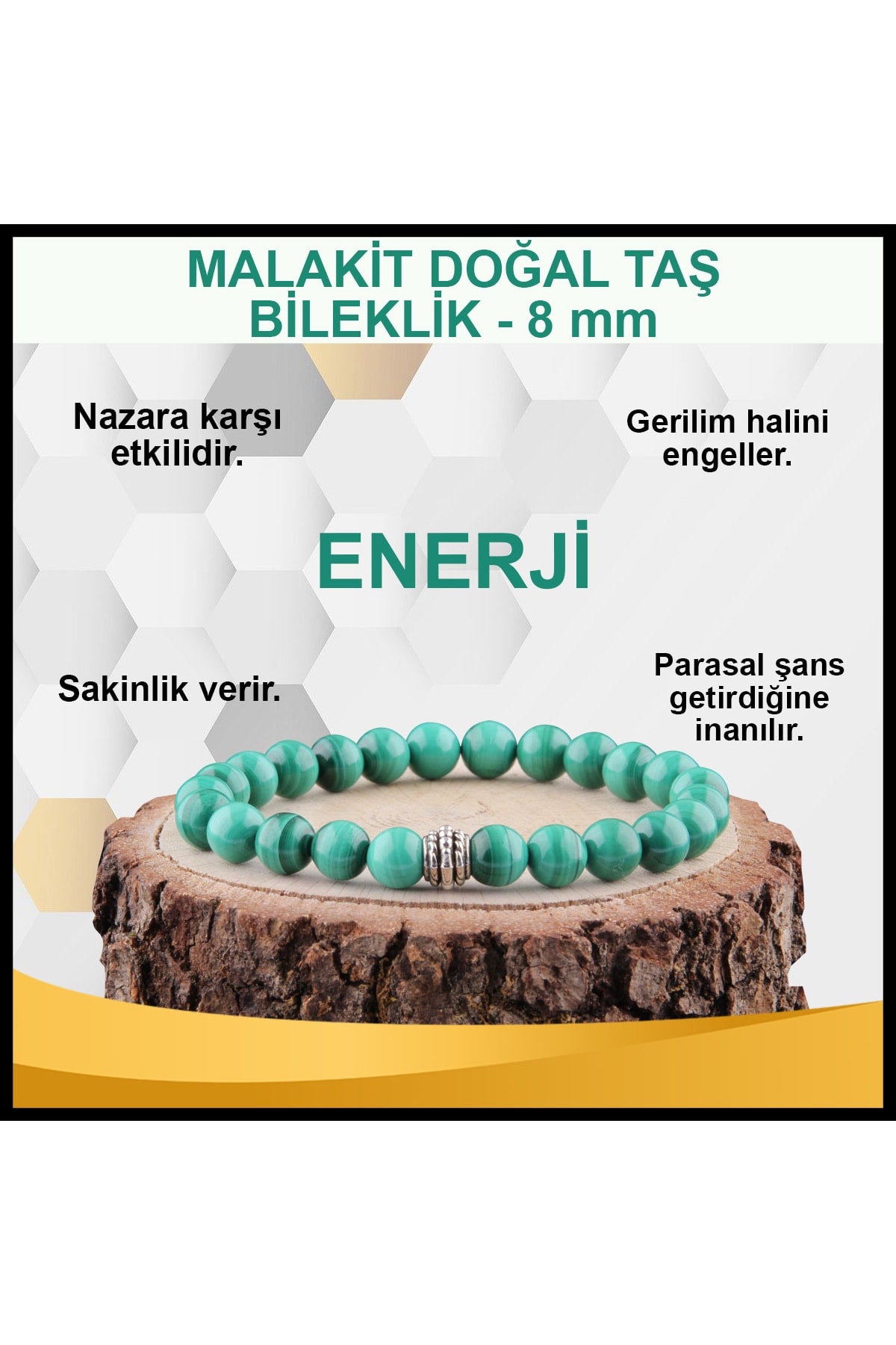 Sertifikalı Malakit Doğal Taş Bileklik 8 Mm - B865