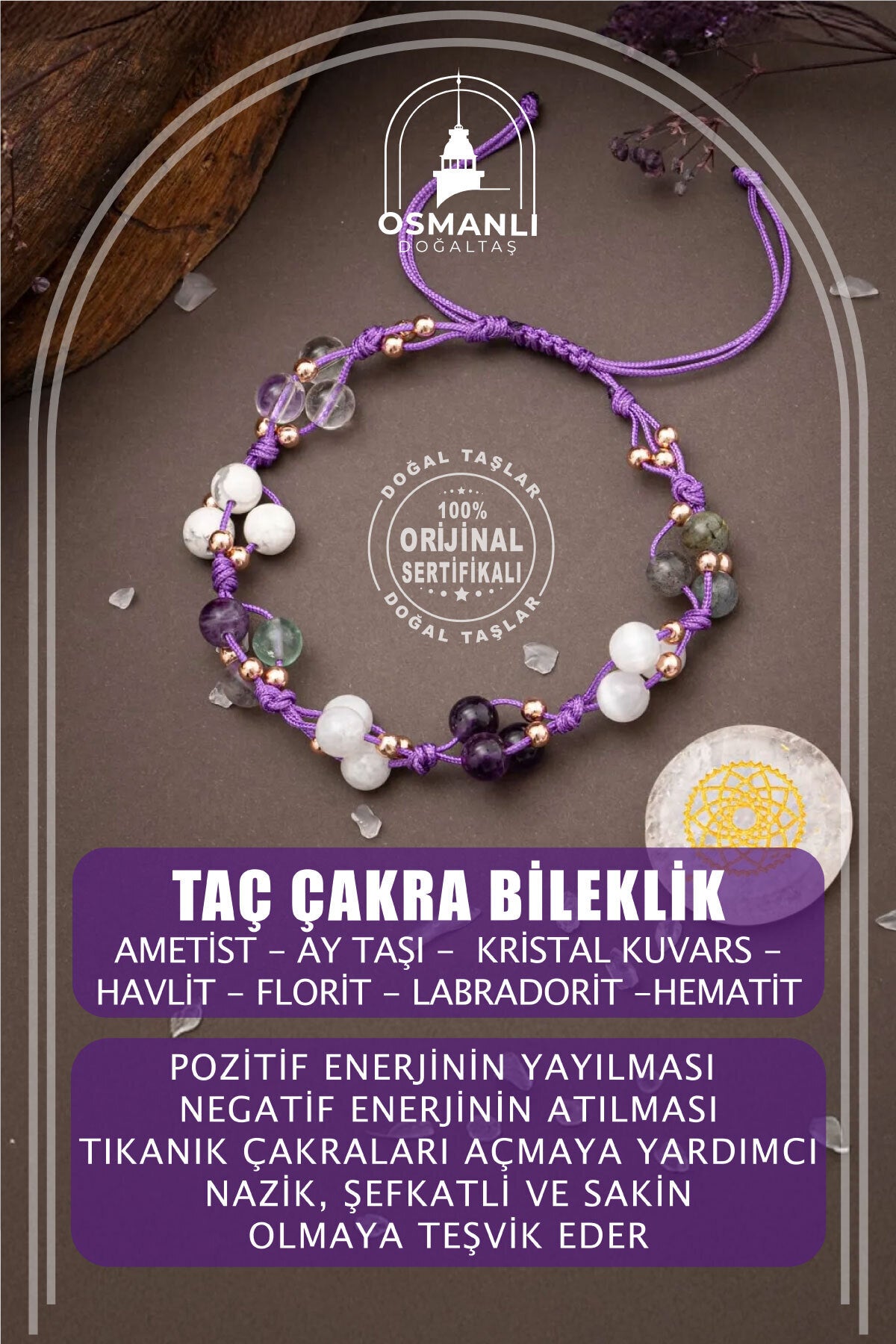 Sertifikalı Taç Çakra Bölgesi Ametist Ay Taşı Selenit Doğal Taşlı Makrome Bileklik